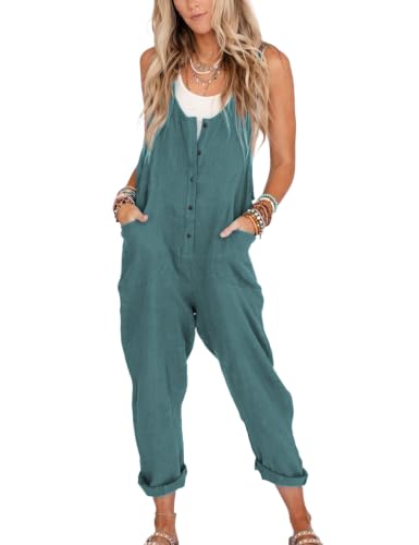 Image of Yeokou Womens Overalls Linen Cotton Jumpsuits Loose Casual Jumpers with Pockets