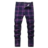 NOVOCCT Plaid Pants for Men - Skinny Mens Dress Pants - Stretch Slim Fit Business Casual Dress Chinos for Men (Purple Black Plaid - T35, 34)