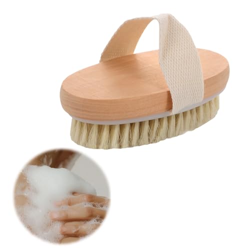 tiyiyok Brossage a Sec, Brosse Exfoliante Physique, Améliore la Circulation Sanguine, Brosse Anti Cellulite Brosse de Bain à Poils Naturels, Améliore le Gommage et L’exfoliation, 12.5 × 6.5 CM