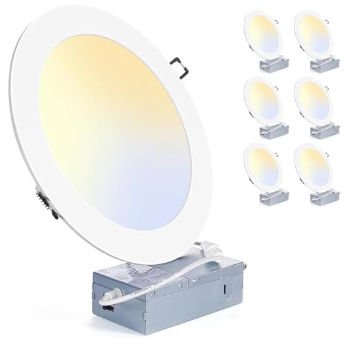 Image of ZYC 8 Inch Recessed Lighting - 18W 1802LM Black Recessed Lighting,Dimmable 5CCT 2700K /3000K /3500K /4000K /5000K Selectable,IC Rated,Ultra-Thin Dimmable Canless Wafer Downlight Pack of 6 White.
