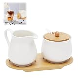 HXXWEUS Milch und Zucker Set, 5 Teilig Keramik Milchkännchen und Zuckerdose mit Holz Tablet, Weiß Milchkännchen Porzellan und Zuckerdose mit Deckel und Löffel, für Zuhause, Restaurant