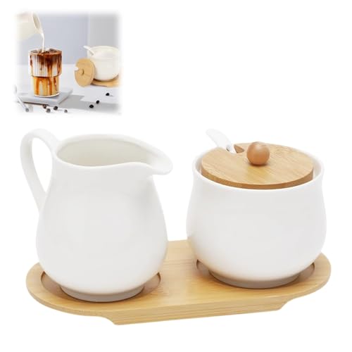 HXXWEUS Milch und Zucker Set 5 Teilig Keramik Milchkännchen und Zuckerdose mit Holz Tablet Weiß Milchkännchen Porzellan und Zuckerdose mit Deckel und Löffel für Zuhause Restaurant