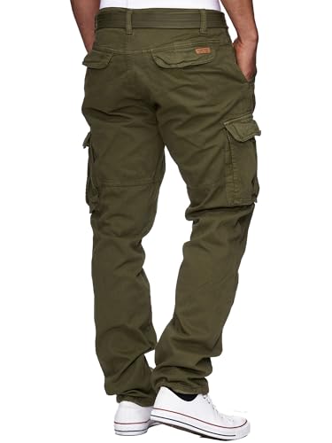 Indicode Herren William Cargohose aus Baumwolle m. 7 Taschen inkl. Gürtel | Outdoorhose Army, XL