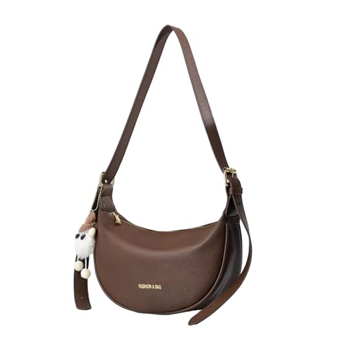 Bolsa Feminina em Couro Sintético Com Chaveiro Decorativo Incluso- Formato Meia-Lua Moderna para Ombro/Transversal, Estilo Baguete com Zíper Oculto (Marrom)