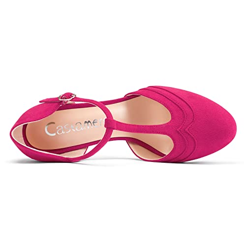 Castamere Women Chunky Block High Heel Round Toe Pumps T-Strap Buckle Wedding Office 3.3 Inches Heels4