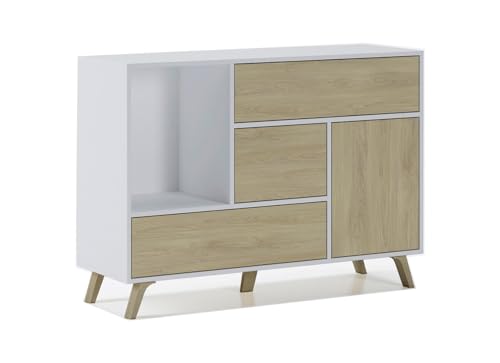 Skraut Home | Aparador para Salón o Comedor | 86 x 120 x 40 cm | Buffet con 1 Puerta + 3 Cajones | Modelo Wind | Madera Resistente | Acabado Blanco/Roble