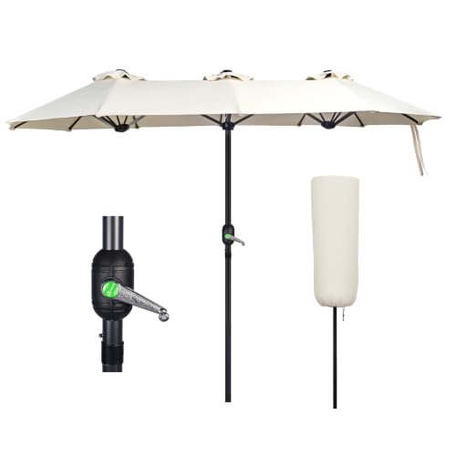 VOUNOT 3m Double Garden Parasol Extra Large Rectangular Patio Table Umbrella with Crank Handle Protective Cover UV 50+ Beige
