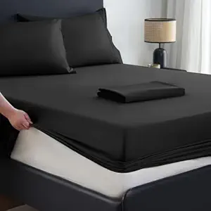MEISHANG Extra Deep Pocket Queen Sheets Cotton - 1000 Thread Count Sheets - Fits 18"-24" in Deep Mattress,100% Egyptian Cotton,Sateen Weave, Soft & Breathable - 4 Piece (Queen, Black)
