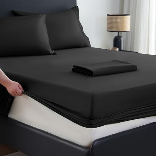 MEISHANG Extra Deep Pocket Queen Sheets Cotton - 1000 Thread Count Sheets - Fits 18"-24" in Deep Mattress,100% Egyptian Cotton,Sateen Weave, Soft & Breathable - 4 Piece (Queen, Black)