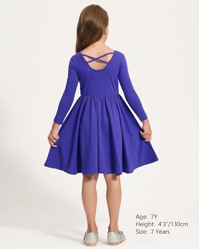 Image of Stelle Long Sleeve Girls Dress Toddler Dresses Skater Twirl Cotton A-Line Dress for School Casual | Criss Cross Back,Crew Neck,High Waist,Spinny Swing,Stretchable,Spring Fall Winter,Casual School Birthday Dance