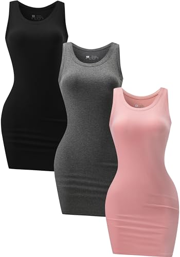 Image of Chongbaijia 3 Pack Summer Dresses for Women 2026 Ribbed Crewneck Tank Top Dress Sleeveless Sundress Basic Bodycon Mini Dress