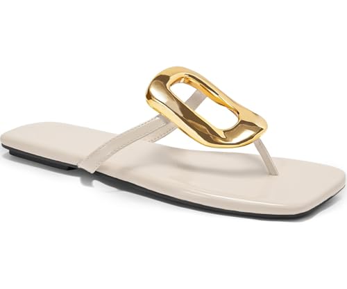 Womens Summer Square Toe Flip Flops Flat Sandals Slip On Shoes Slide Sandals with Gold Metal Decoration Dressy 2025