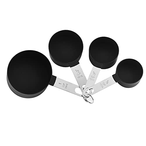 Juego de 8 tazas y cucharas medidoras apilables, mango de acero inoxidable, cucharada precisa para medir ingredientes secos y líquidos, cucharadita pequeña con cabeza de plástico (negro)