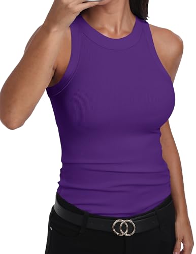 GEMBERA Womens Sleeveless Racerback High Neck Basic Ribbed Knit Fitted Tank Top Purple S