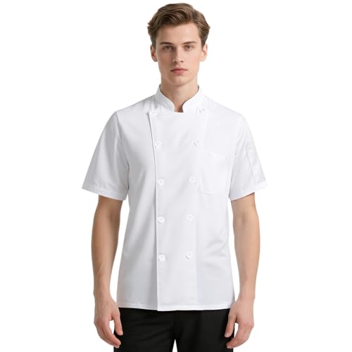 DiULi Chaquetas Cocinero Hombre, Chaquetilla de Chef Mujer, Camisa de Cocinero Manga Corta, Uniforme de Camisa con Botónes,Abrigo de Trabajo Camarero Unisex para Hosteleria,Cocina,Restaurante (Blanco)