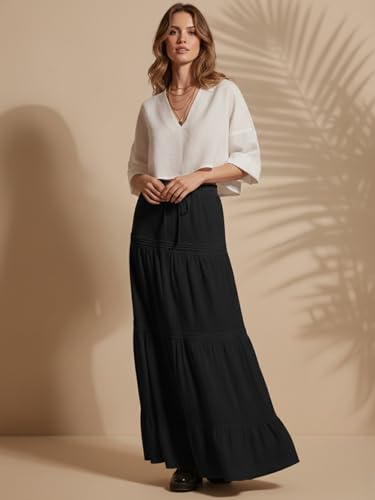 Image of GRECIILOOKS Women's Summer Ruffle Hem PolyBlend Maxi Skirt | High Waist Long Skirt's | Plain A-Line Flowy Skirt for All Occasions | Elegant Boho Style