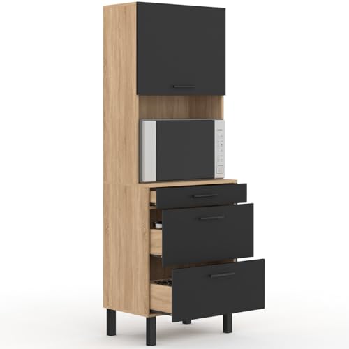 IDMarket - Colonne de Cuisine Micro-Ondes et casserolier 60 cm CINA 2 Portes façon hêtre et Noir