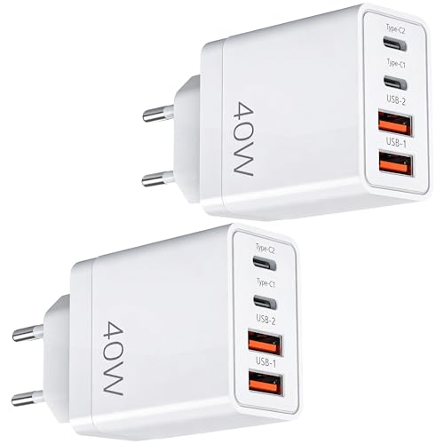 40W EU Travel Charger European Plug Adaptor with 2 USB C Ports and 2 USB A Ports Fast Charging UK to Europe Mains Adaptor for iPhone Samsung Smartphones 2PC