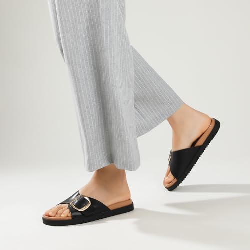 Brown Black White Flat Sandals for Women 2025,Wide Width Leather Sandals for Women Comfortable Dressy,Womens Summer Beach Sandals with Adjustable Strap and Buckle3