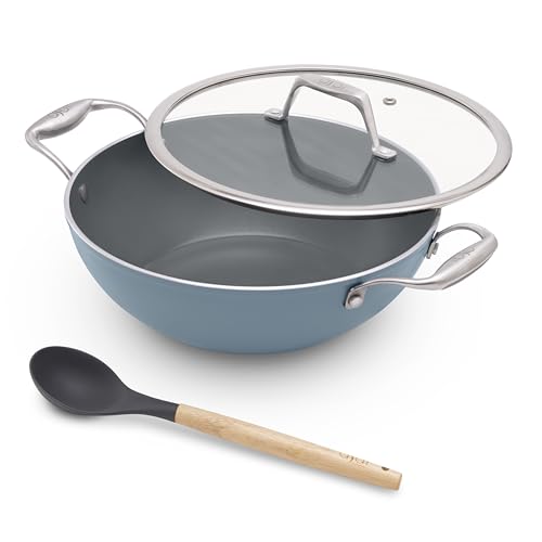 Image of Asai Ceramic Non Stick Kadai 24cm (2.5L) with Glass Lid & Silicone Spatula | Blue | Swiss Ceramic Coating | Gas & Induction Compatible | Stay-Cool Handles | Lab-Tested | 100% Toxin Free