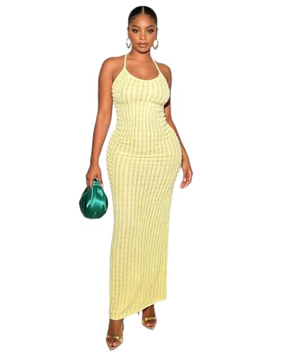 Image of RARITYUS Women's Lace Up Bodycon Maxi Dress Sexy Low Cut Backless Sleeveless Textured Long Party Club Dresses