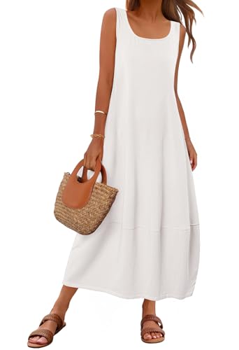 MEROKEETY Women's Casual Maxi Sundress 2025 Summer Beach Dress Scoop Neck Sleeveless Loose Tank Dress, White, Medium