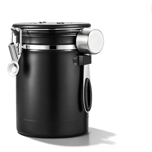 GOEDCH Bote de café de 2,8 l, hermético, para granos de café, de acero inoxidable, con válvula de escape, cuchara medidora e indicador de fecha, lata de café al vacío para granos de café, té, nueces