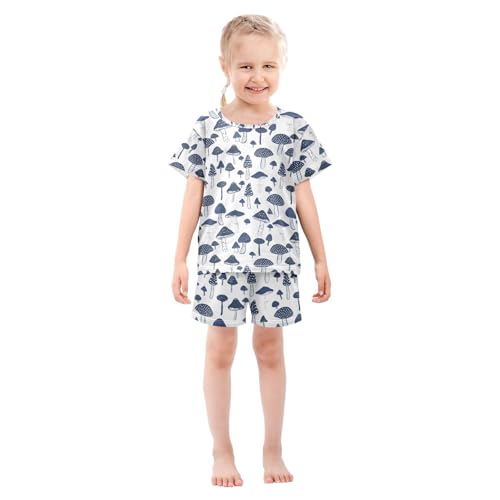 ALAZA Boho Mushroom Blue Pajamas Set Short Sleeve Cotton Sleepwear Summer Pjs 2 Piece 5-14Y3