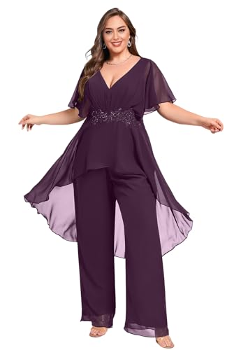 Plus Size Pantsuit Chiffon V Neck Mother of The Bride Pant Suits for Wedding Guest Formal Dresses Outfit Set