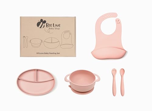Bee Love Silicone Baby Feeding Set | BPA Free Baby Led Weaning Utensils Set with Suction Plate, Bowl, Adjustable Bib, Baby Spoon and Folk | Toddler Feeding Supplies for 6+ Months (Dark Pink)