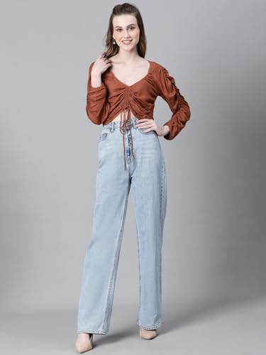 Image of oxolloxo Women Floral Print Semi-Sheer Round Neck Tie-Knotted Elasticated Long Crop Sleeve Top
