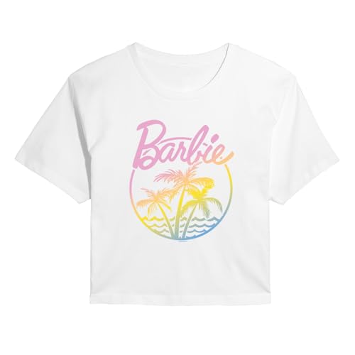 Barbie Womens Juniors Palm Tree Tropical Logo Classic Fit Soft Feel Cropped Short Sleeve T-Shirt (US Alpha Small Regular Regular White)