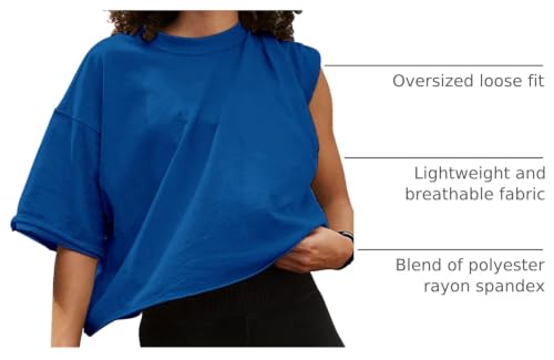 Image of HUGOOME Womens Oversized Workout Crop Top Casual Short Sleeve Boxy Roll Hem | Basic Half Split Sleeve Drop Shoulder Loose Yoga Running Gym Tee Cropped T-shirt Solid Trendy Relaxed Daily Tee