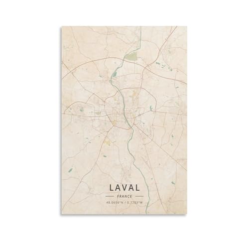 ZYSYML Laval France Map Poster Vintage Print Art Wall Decoration Poster Family Bar Restaurant Garage Cafe Art Sign Gift Unframe 24x36inch(60x90cm)