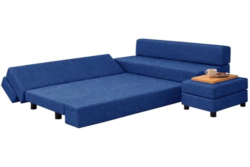 Image of Rosebell 3+2 Leg Sofa Cum Bed Set with Ottoman Foldable Modular Seating & Sleeper Space Saving Living Room Furniture Jute Fabric-Blue-Color