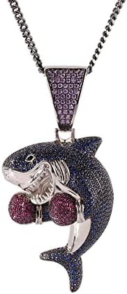 Hip Hop Jewelry BoxingShark Pendant Necklace Gold Filled Colorful CZ Zircon Bling Necklace with Black Cuba Chain Rapper Accessories