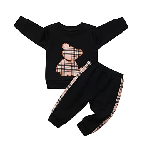 Image of Toddler Baby Boy Clothes Infant Long Sleeve Bear Pattern Tops + Pants Sweatsuit Outfits (3-6 Months) Black