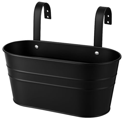 Image of SUNBIRD Black Oval Railing Planters for Balcony, Metal Hanging Flower Pots for Railing Planters for Outdoor Window Balcony Plants Holder with Hooks for Garden Yard Home Decor (Set of 1)