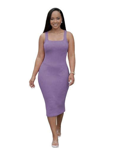 Image of TOPSRANI Women Sexy Midi Dress Bodycon Casual Sleeveless Basic Ruched Tank Summer Club Party Dresses