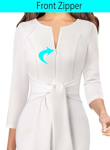 Image of VFSHOW Womens Front Zipper Tie Waist Bow 3 /4 Sleeve Slim Fitted Work Business Office Party Bodycon Pencil Sheath Dress