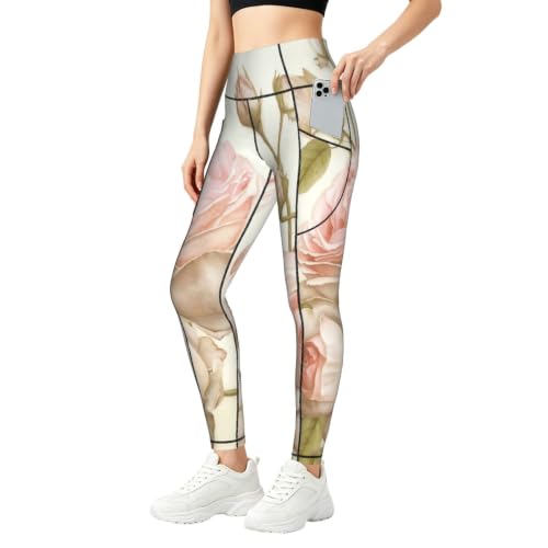 Pantalones de yoga para correr y vestir informal leggings de rosas con bolsillos útiles