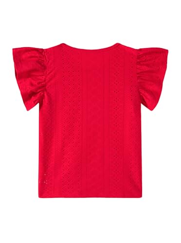 Image of Girls Striped Shirt Flutter Sleeve Top Crewneck Cute Summer T Shirts Casual Tees Solid Red 5-6 Years