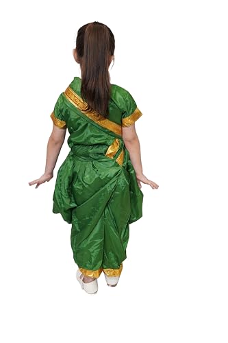 Image of Kaku Fancy Dresses Marathi Girl Lavni Folk Dance Costume with Jewellery for Kids - Green, 10-12 Years