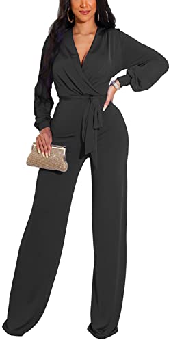 Image of shengfan Formal Jumpsuits for Women Dressy Evening Sexy Deep V Neck Plus Size Long Wide Leg Pants Rompers Clubwear