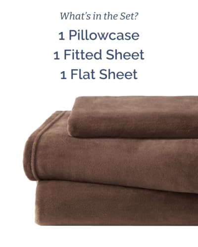 Image of Fleece Sheets Twin XL Size Set - 3-Piece Velvet Flannel Sheet Set - Brown