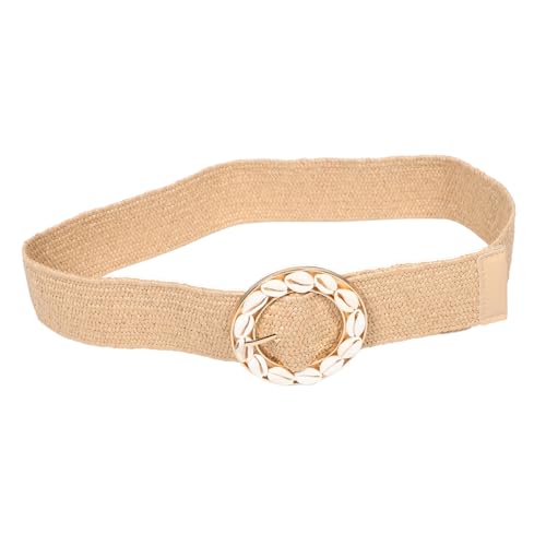 Women Elastic Wide Waist Belt with Natural Round Buckle and Shell Accents for Vacation Outfits for Dresses and Casual Wear