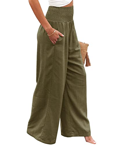 Vansha Women Summer High Waisted Cotton Linen Palazzo Pants Wide Leg Long Lounge Pant Trousers with Pocket