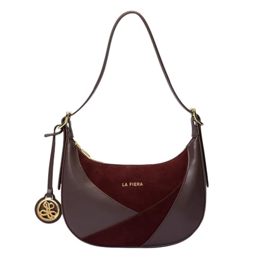 LA FIERA Two-Tone Burgundy Recycled Real Leather Shoulder Bag for Women – Stylish Everyday Eco-Friendly Sustainable Ladies Handbag (Chocolate Brown/Burgundy)
