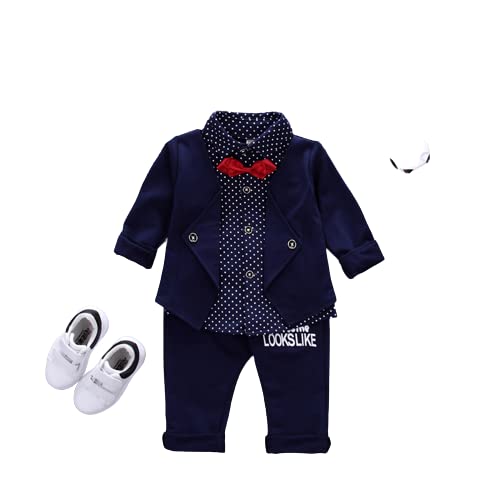 KANHA CREATION Semi Lycra Nevy Blue Polka Dot Graphic Print Baby Boys and Girls Blazer Style Top and Pant Set Ideal for Wedding and Birthday,Casual, (SUIT-2-P)