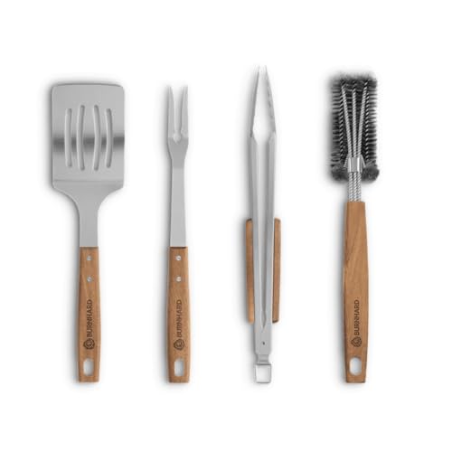 BURNHARD Grillbesteck-Set 4-TLG. 42 cm Akazienholz Edelstahl Grillzubehör mit Grillzange Grillwender Fleischgabel und Grillbürste mit extra-Langen Holzgriffen und Aufhänge-Ösen